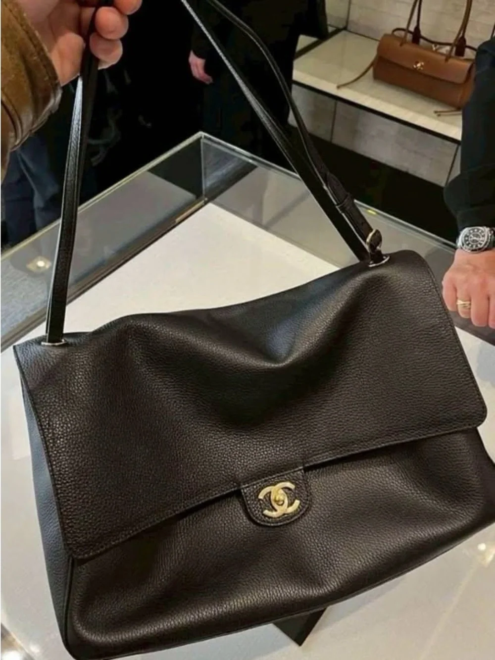 Black Leather Shoulder Flap Bag with CC Turn-Lock